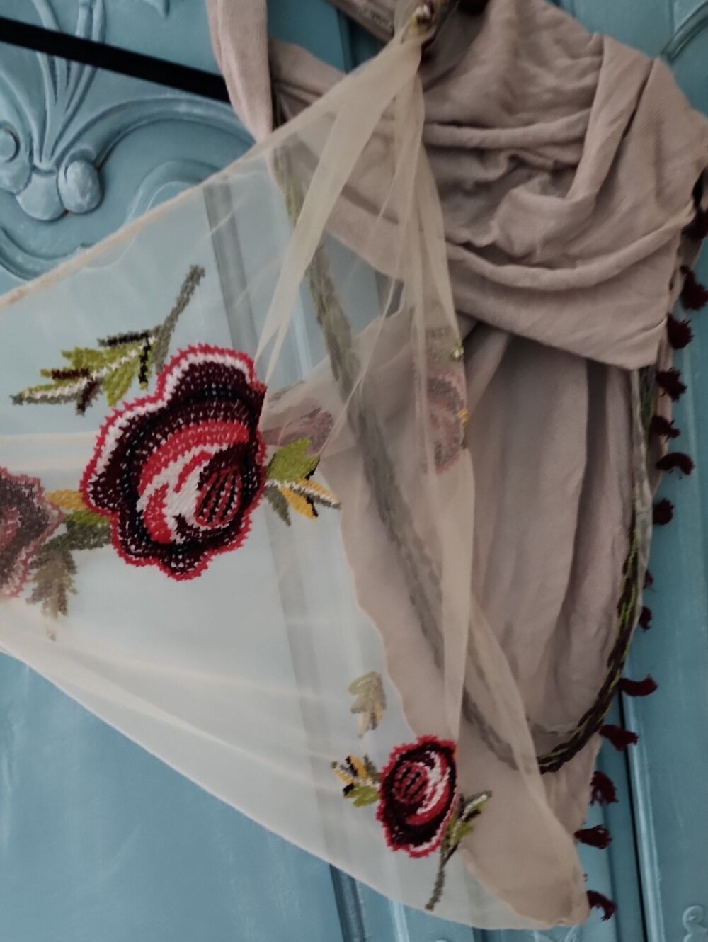 Chan Luu Anthropologie Beige Scarf with Red Floral Embroidery